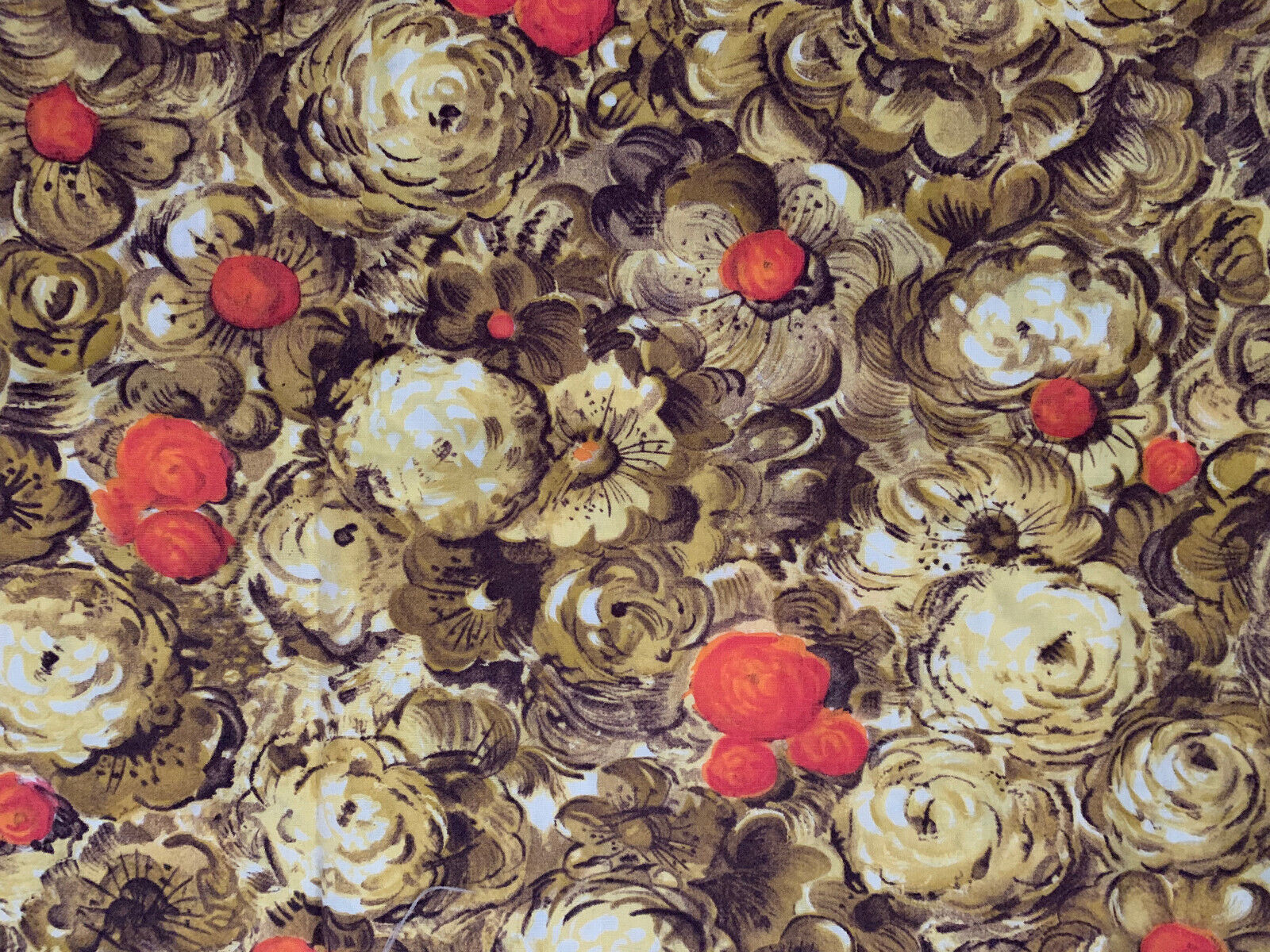 Vintage 1950's 60's Roses Floral Fabric~Orange  Yellow Brown 35