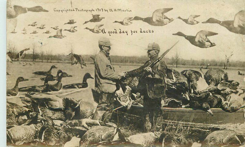 Duck Hunting 1909 Exaggeration Martin RPPC Photo Postcard 21-8455