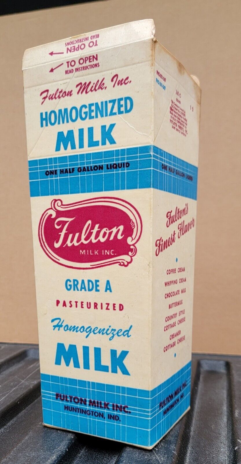 Milk carton Fulton Milk Inc. Huntington Indiana NOS 1/2 Gal. Dairy Farm Paper