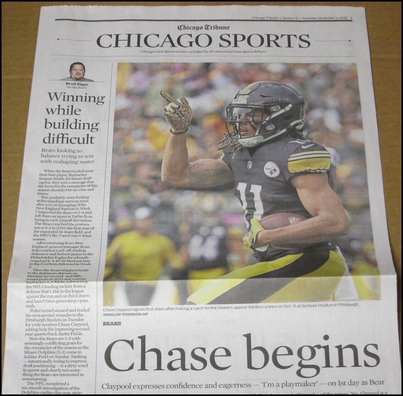 11/3/2022 Chicago Tribune Sports Chase Claypool Trade Pittsburgh Steelers Bears