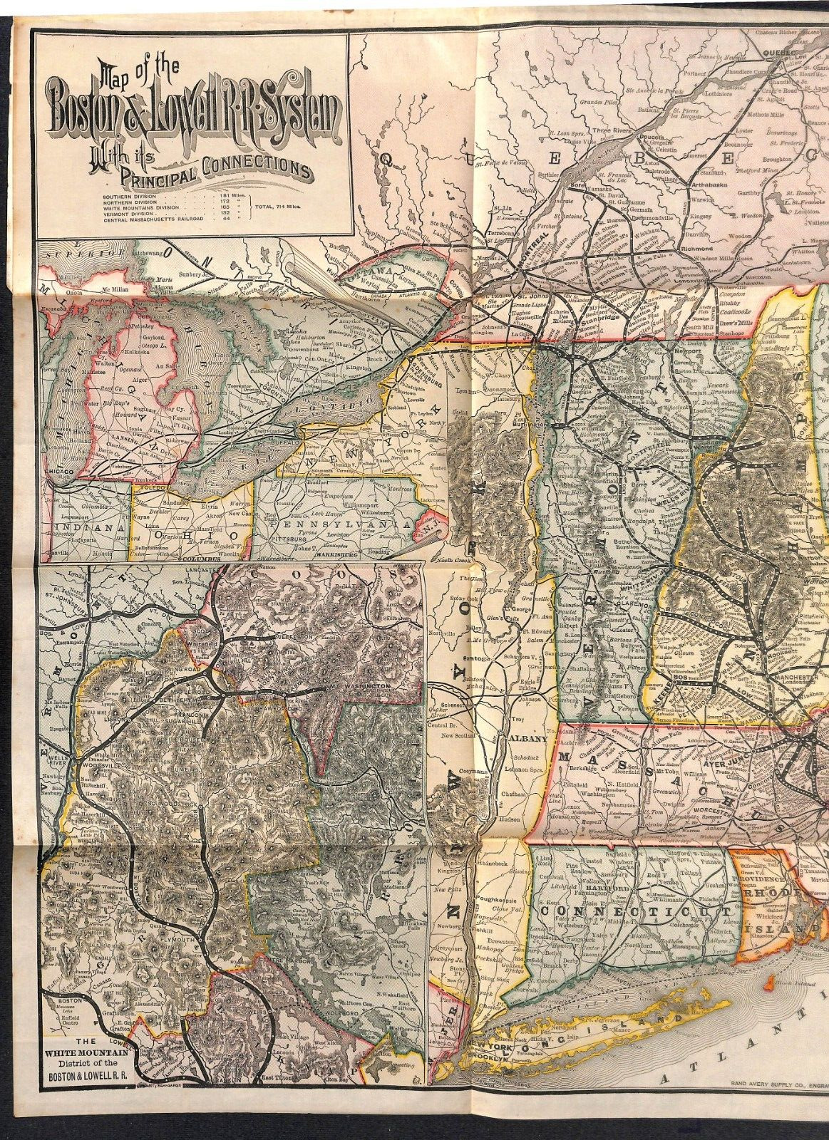 Original c1886 Boston & Lowell Railroad System Rand Avery Color Map
