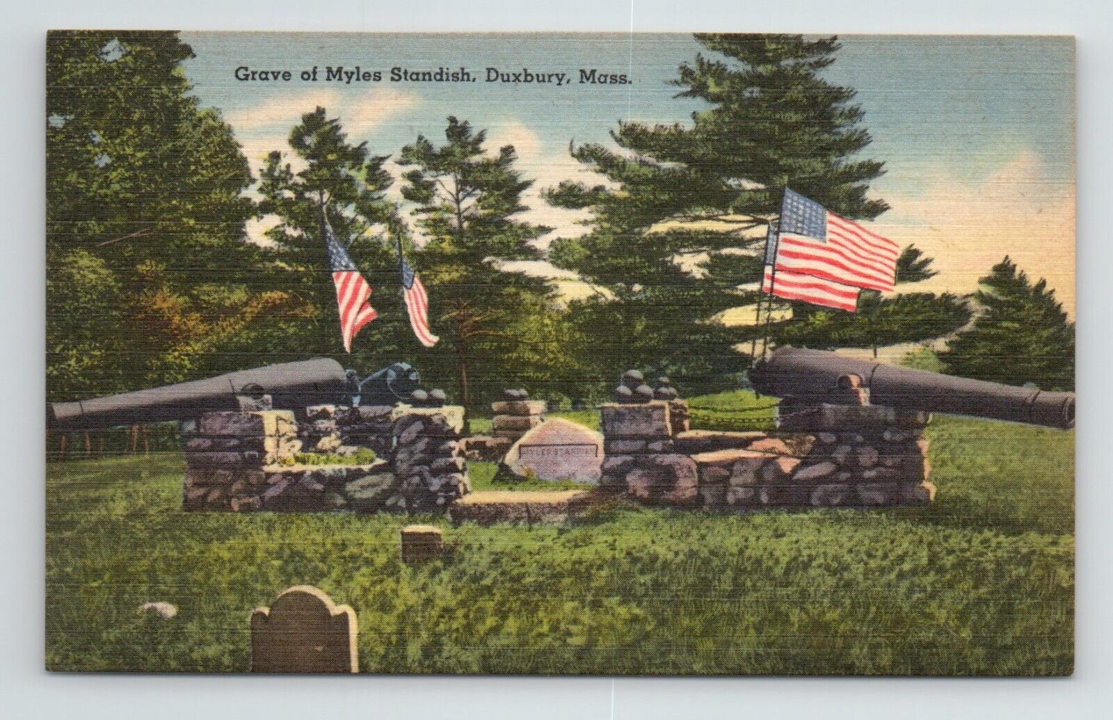Grave of Myles Standish Duxbury Massachusetts US Flag Cannons VTG MA Postcard