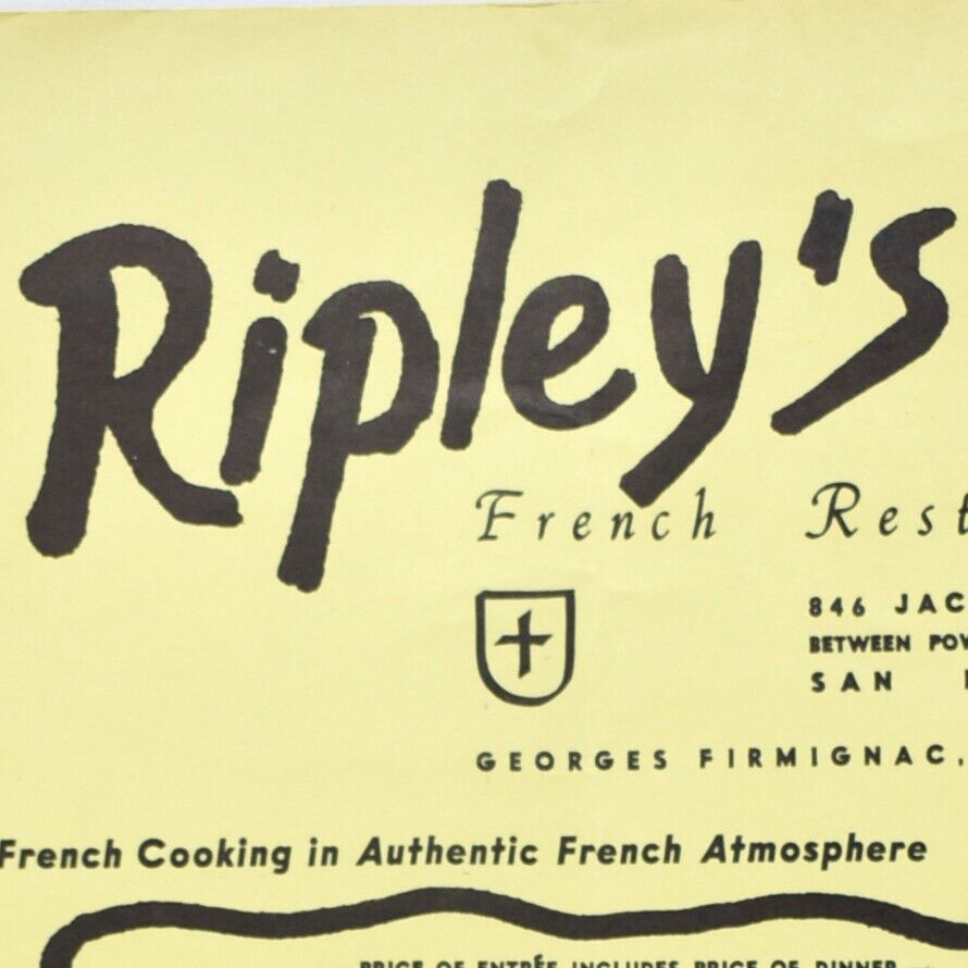 1950s Ripley\'s Restaurant Menu 846 Jackson Street Stockton San Francisco #2