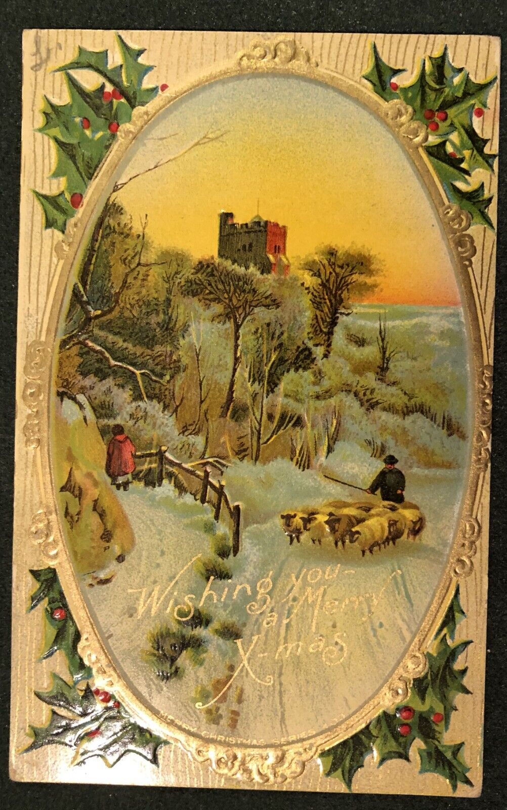 Antique Postcard Wishing You a Merry Christmas Greetings Emboss Silver Gilding,