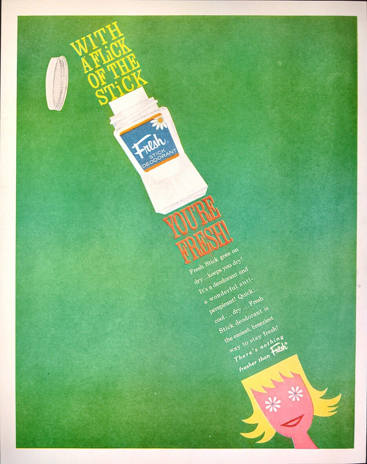 1960 Fresh Stick Deodorant Flick Of The Stick Flower Girl Print Ad