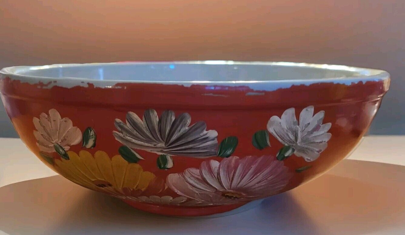 Vintage Hand Painted Ransburg Stoneware Large Orange Mixing Bowl