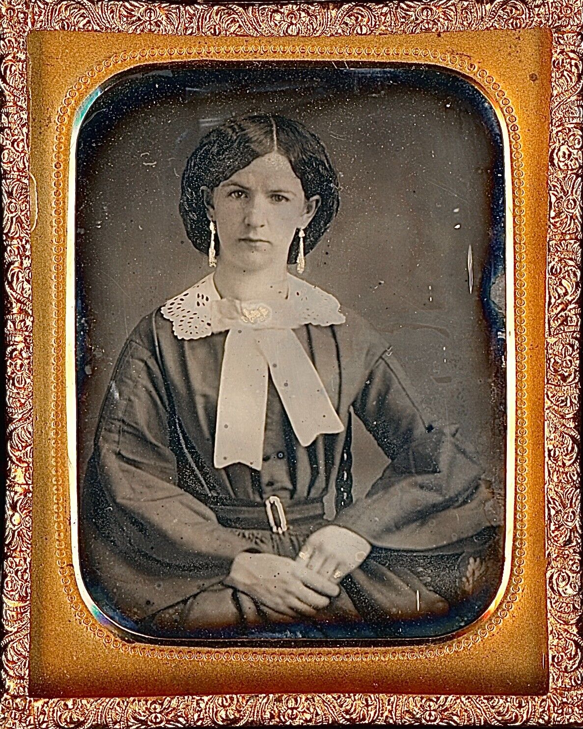 Pretty Young Lady Wearing Gold Tinted Jewelry 1/9 Plate Daguerreotype S592