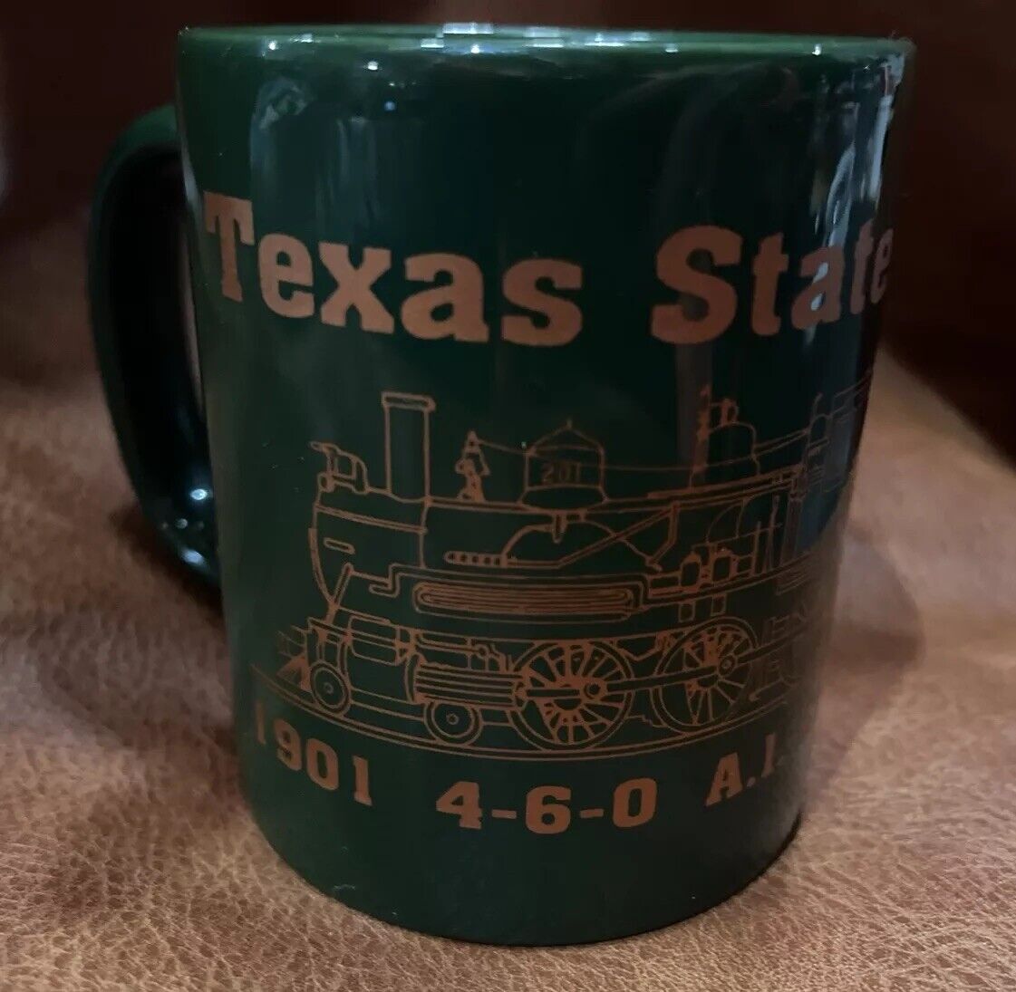 Vintage Texas State Railroad Train Coffee Cup Mug Green Ceramic Made In USA