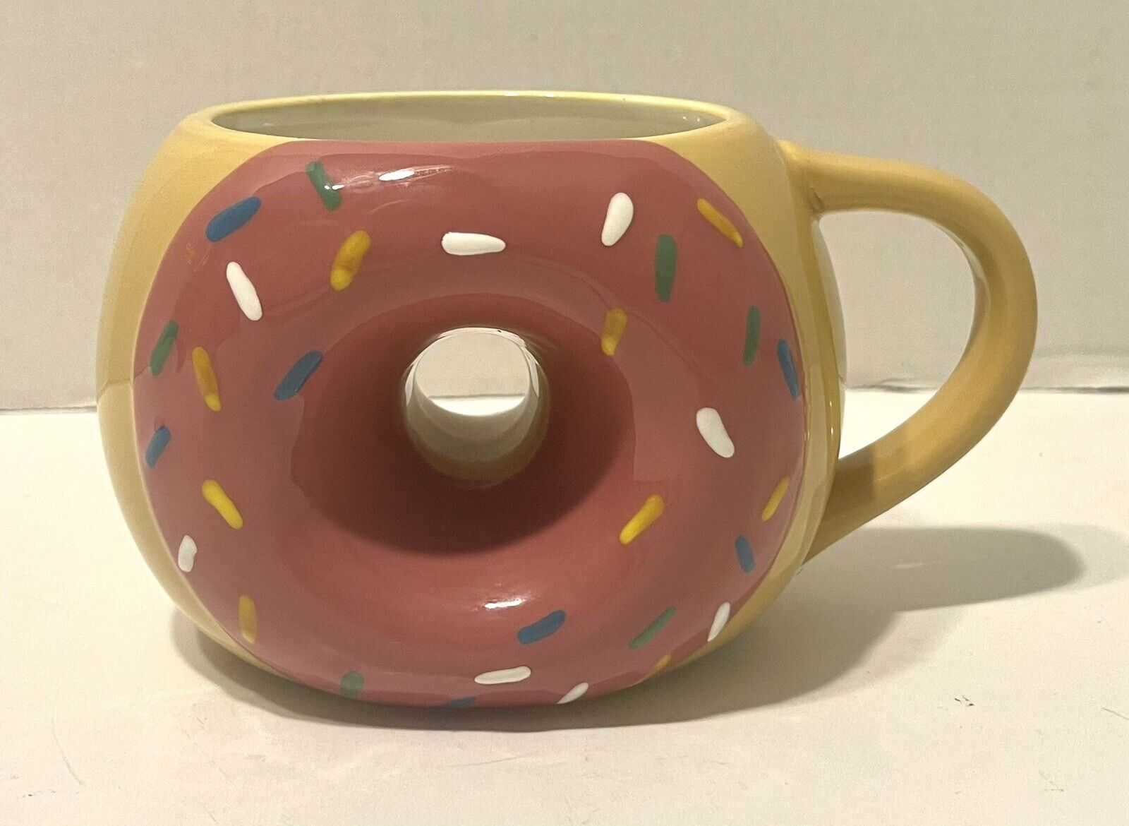 Donut Shaped Coffee Mug Cup Pink Icing With Sprinkles Yellow Donut Unique