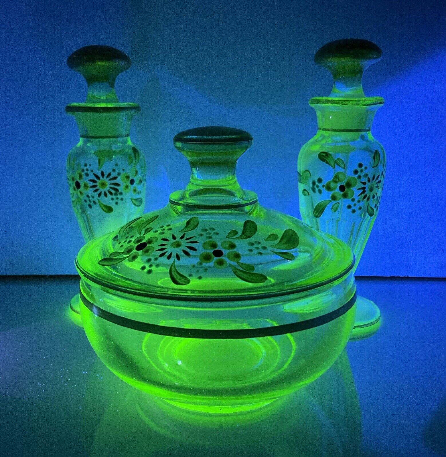 Vintage Uranium Glass Perfume Bottle Powder Jar Dresser Set Hand Painted