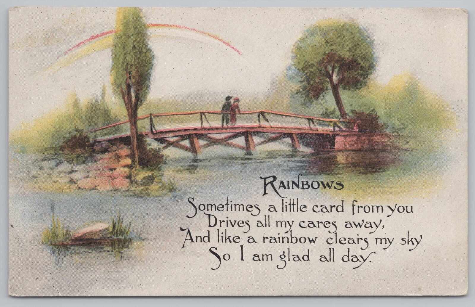 Greetings~Rainbow & Children On Bridge & Poem~Vintage Postcard