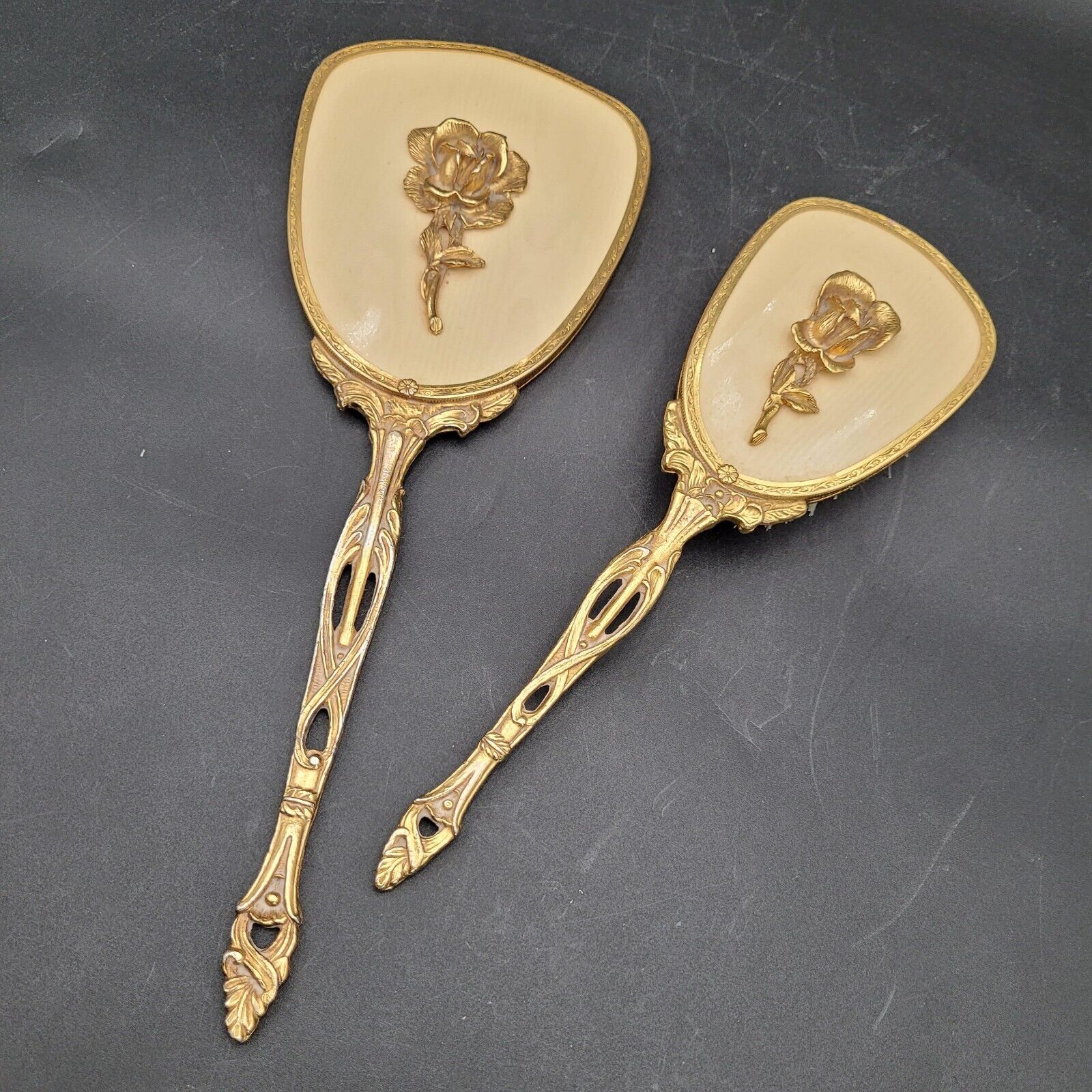 Vintage Stylebuilt Accessories 24K GOLD PLATED New York Rose Mirror Brush Set