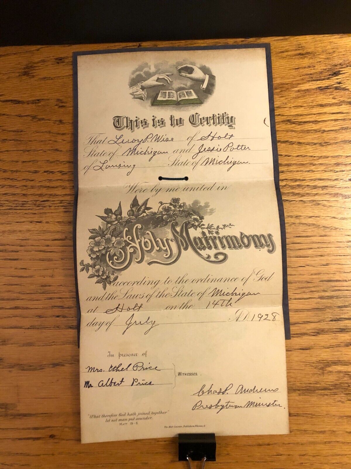 1928 Marriage Certificate / Seal Ingham County Michigan Vintage VNT Tri-Fold