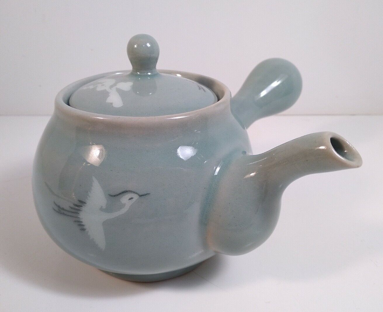 Vintage Korean Celadon Tea Pot with Crane and Clouds Pattern