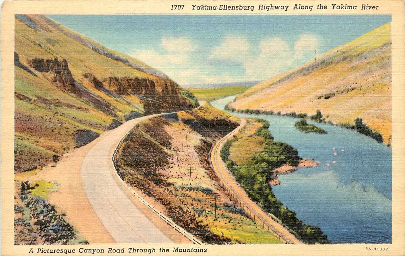 Linen Postcard; Yakima-Ellensburg Highway along Yakima River WA Posted 1942