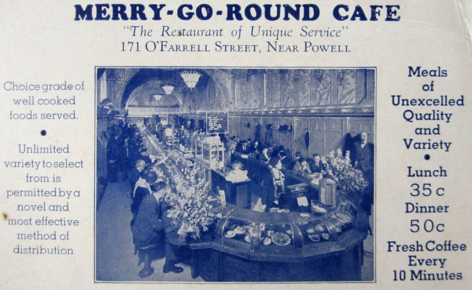Vintage Restaurant Merry Go Round Cafe Advertising Card San Francisco CA 1930s