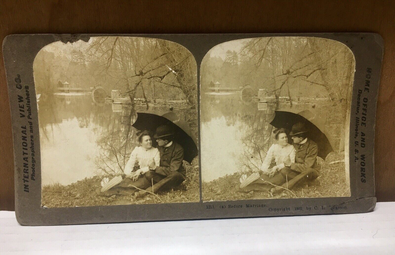 Decatur Illinois 1902 Stereoview Photo Before Marriage Scene At Lake “As Is”