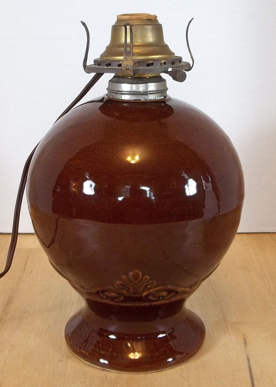 Red Wing Pottery Globe Shape Ceramic Oil Lamp With Rockingham Glaze, 9