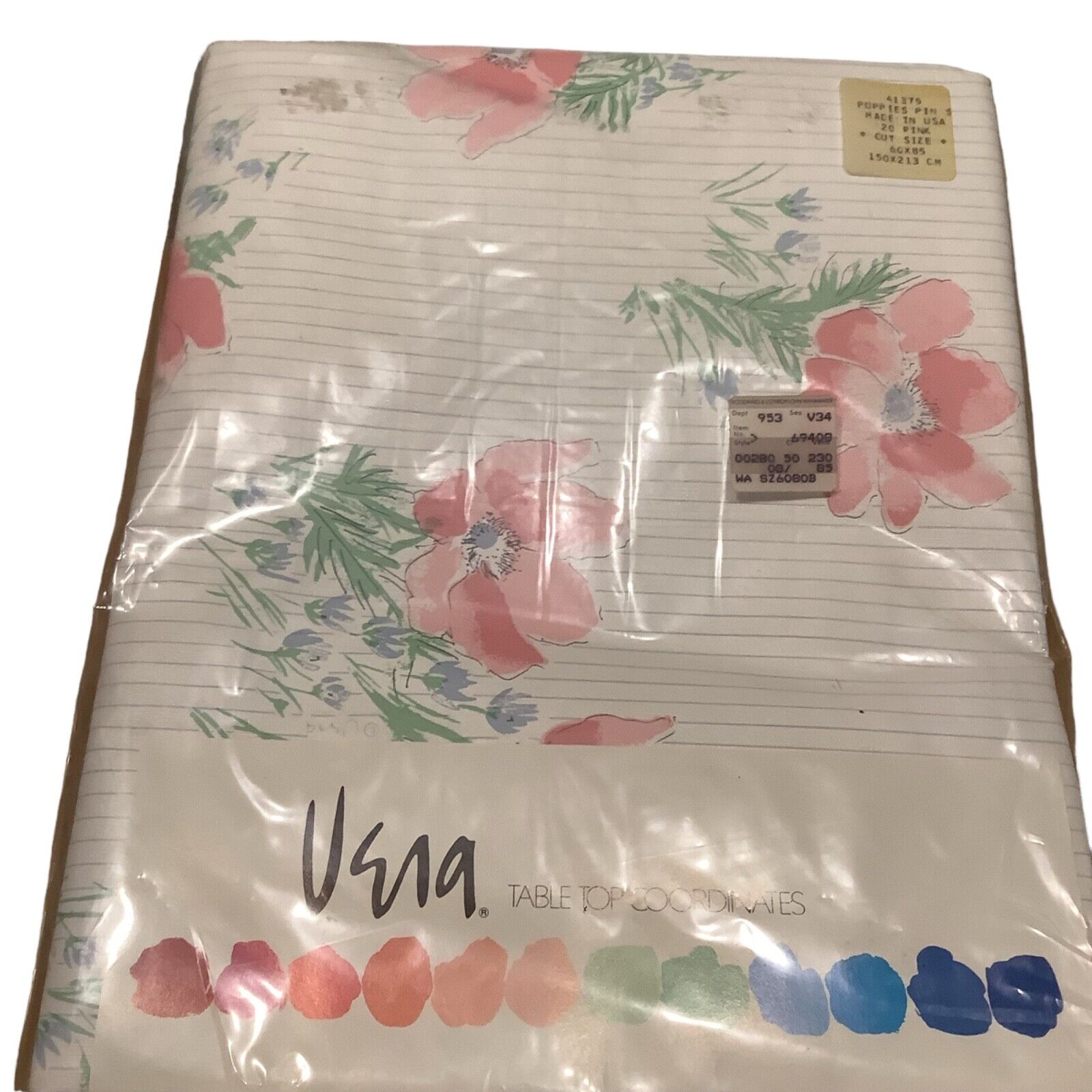 Vintage VERA SIGNED FLORAL RECTANGLE TABLECLOTH POPPIES 60” x 85” NEW IN PKG