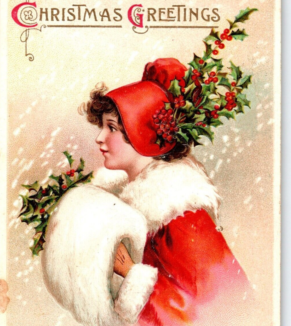 Christmas Postcard Ellen Clapsaddle Women Big Muff Hand Warmer 1913 Series 3597