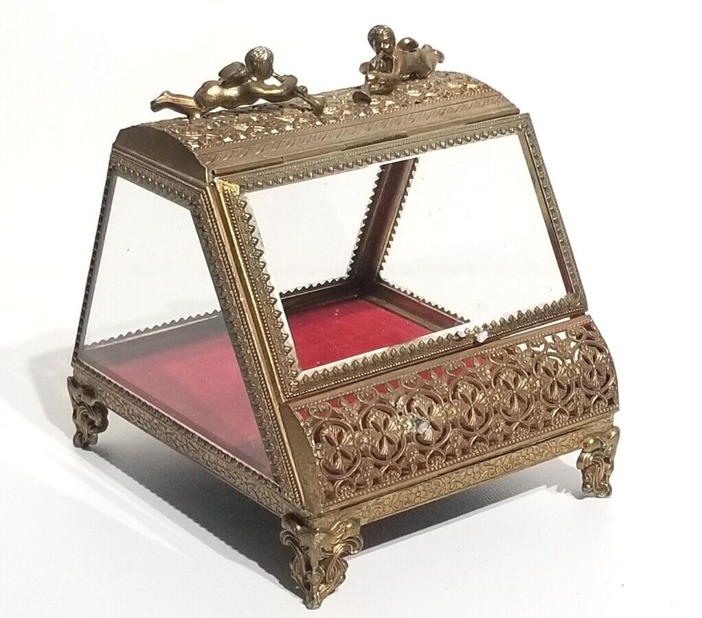 Vintage Himark Japan Beveled Glass Bronze Ormolu Cherub Trinket / Jewelry Box