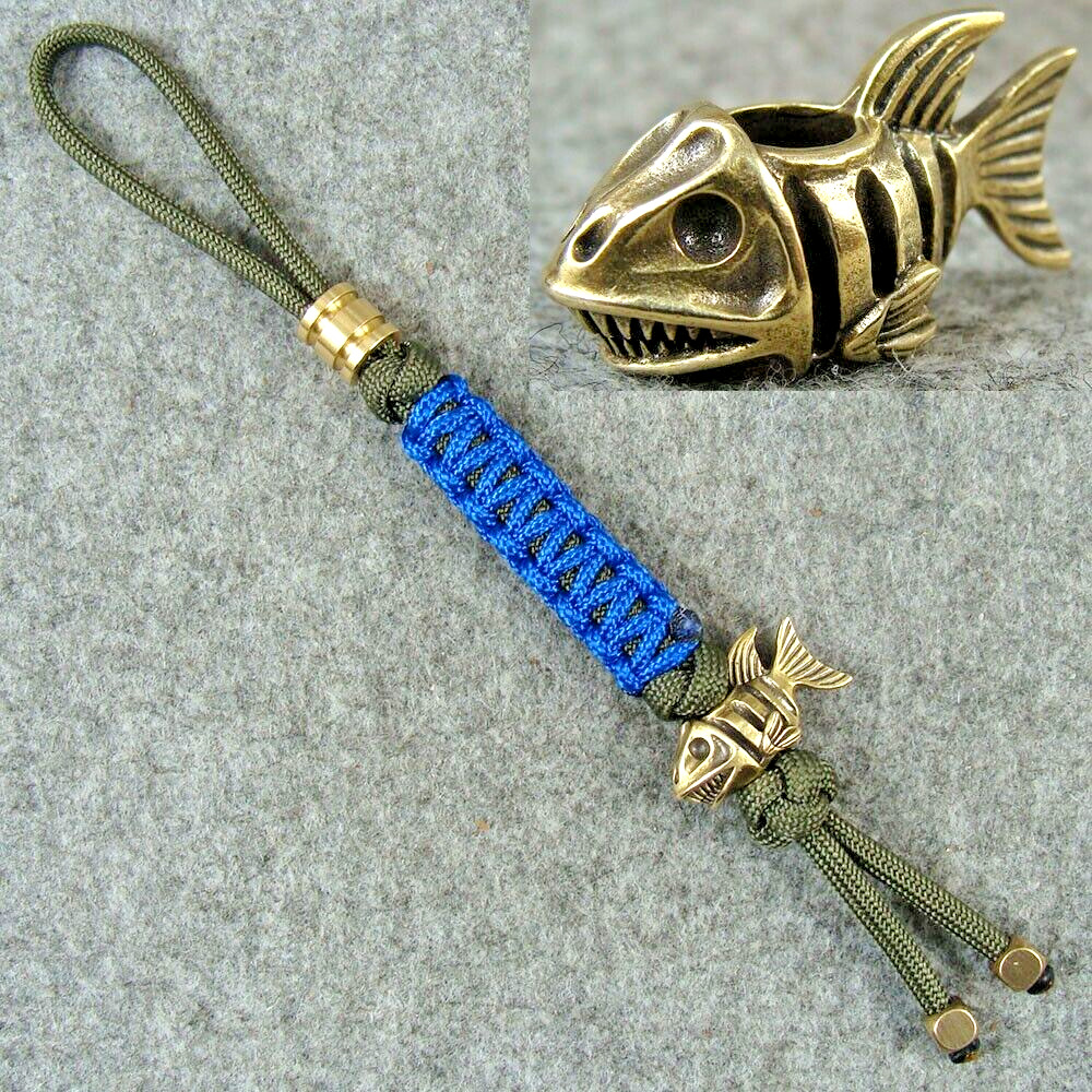 Handmade Paracord Knife Lanyard With Brass Fish Shape Bead / Keychains Pendant