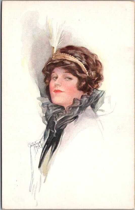 c1910s Artist-Signed COURT BARBER Postcard Pretty Lady Glamour Fashion / UNUSED