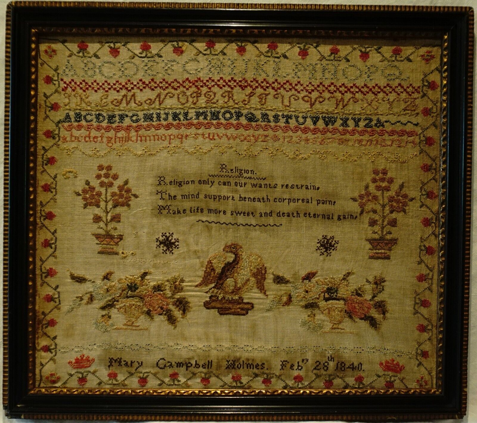 EARLY/MID 19TH CENTURY MOTIF & VERSE SAMPLER BY MARY CAMPBELL HOLMES - 1840