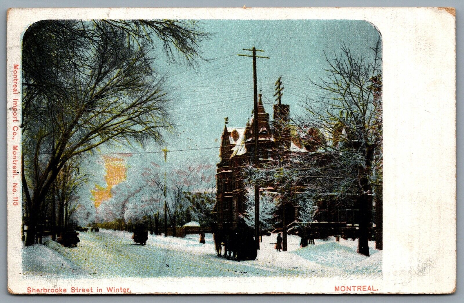 Postcard Montreal Quebec c1905 Sherbrooke Street In Winter Horse Sleigh