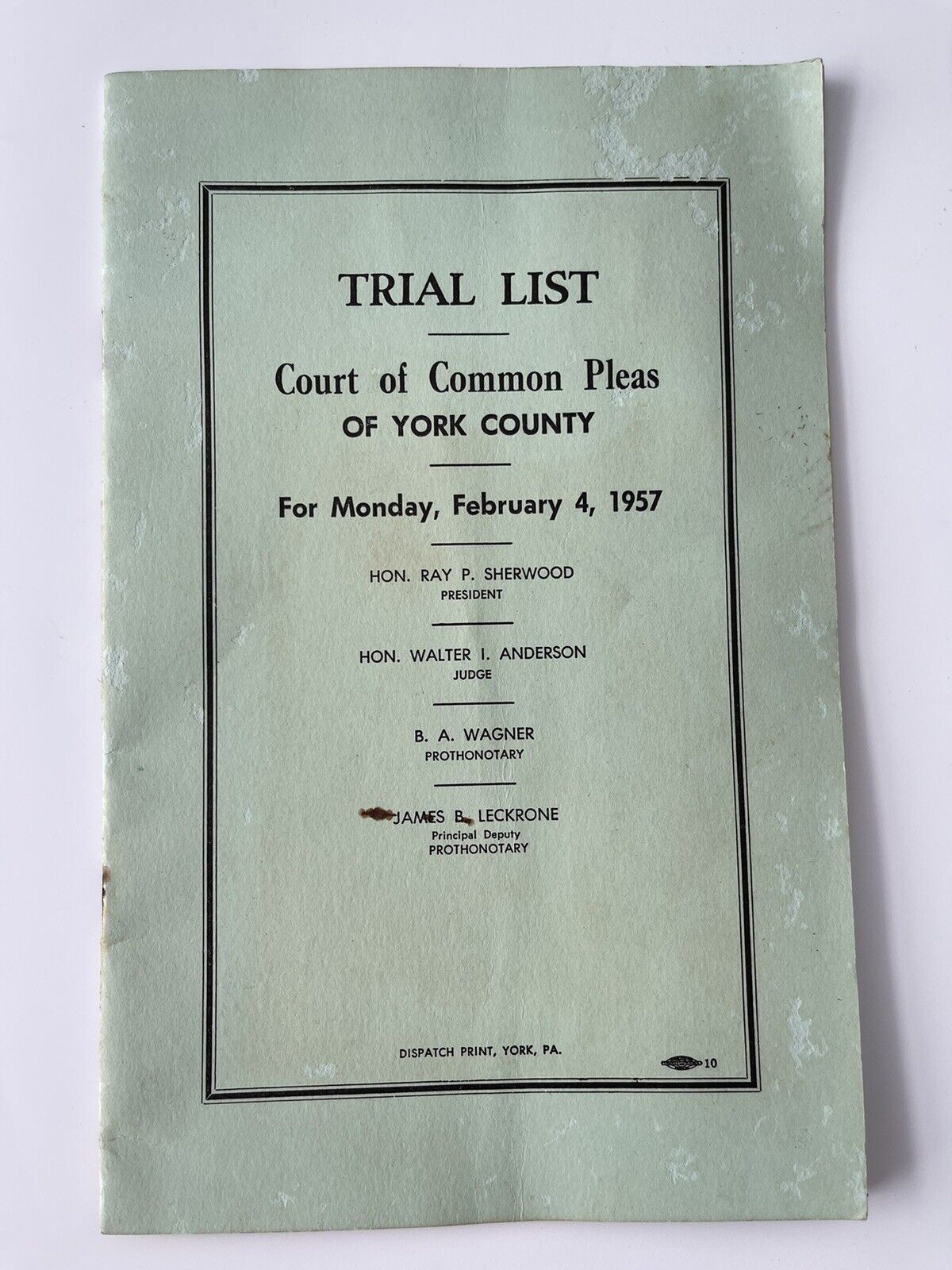 Trial List Court Of Common Pleas York County 1957 Pennsylvania Booklet Vintage 