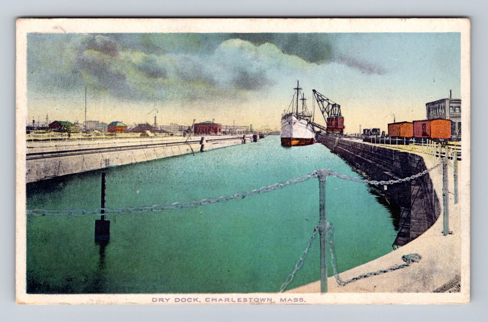 Charlestown MA-Massachusetts, Dry Dock, Antique, Vintage Souvenir Postcard