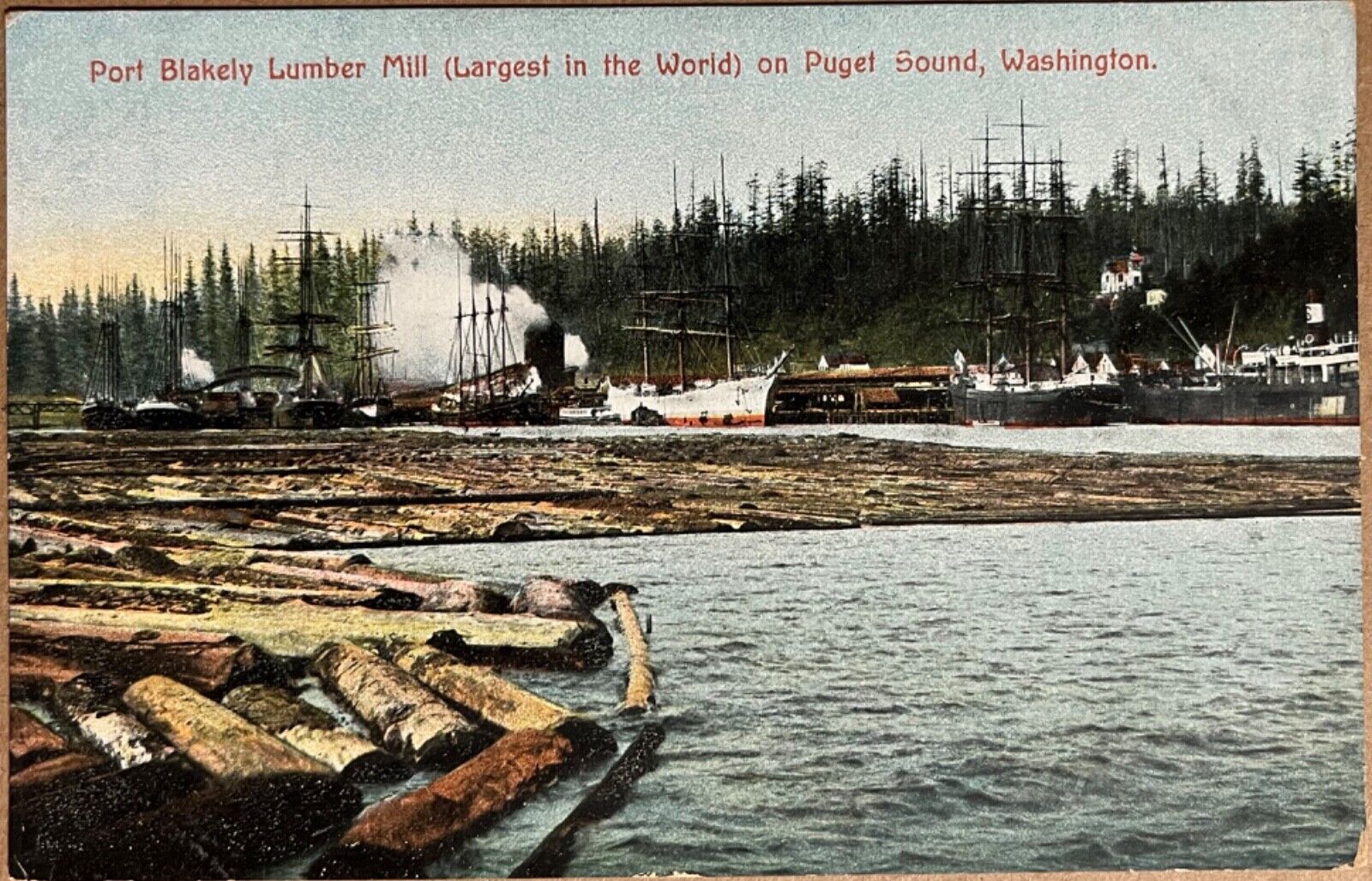 Puget Sound Port Blakey Lumber Mill Ships Washington Antique Postcard c1910