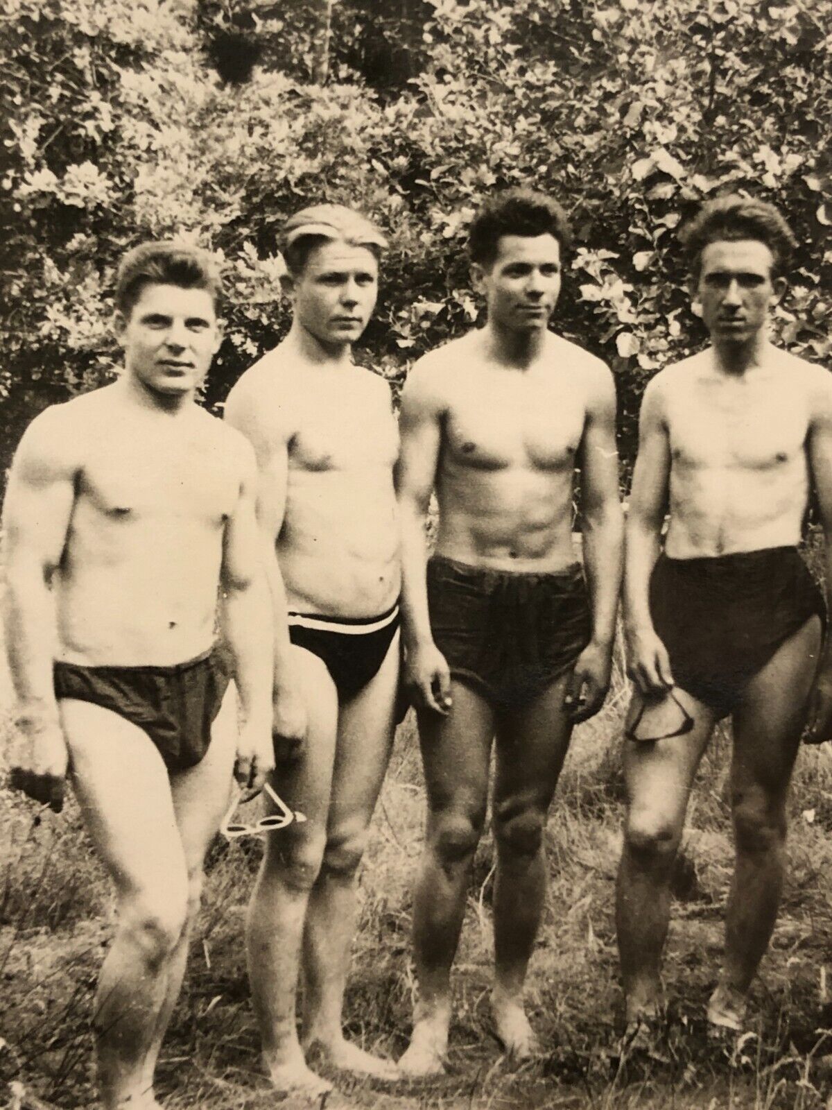1950s Four Shirtless Muscular Handsome Guys Trunks Bulge Gay int Vintage Photo