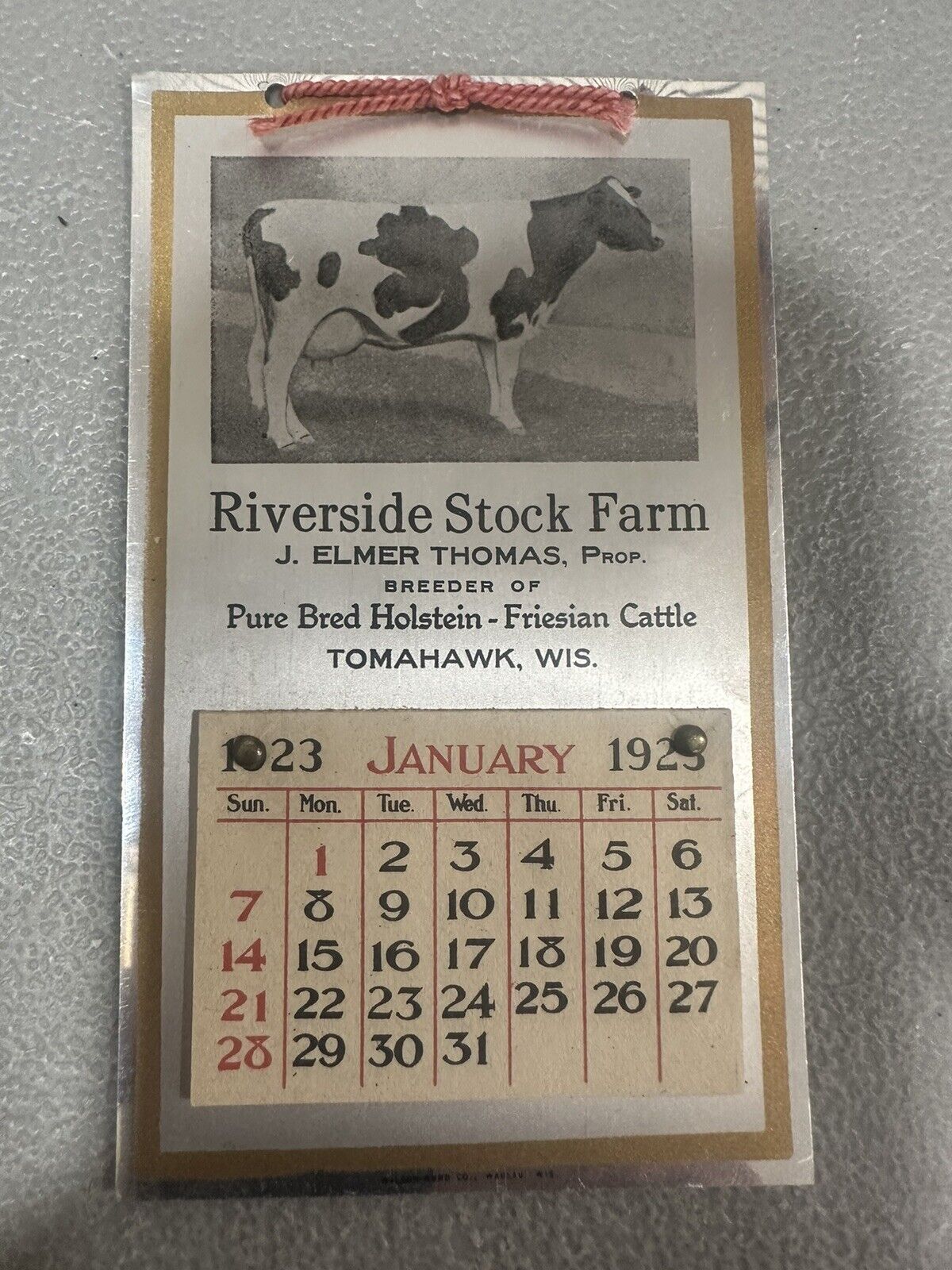 Vintage 1923 Holstein Friesian Cattle Calendar On Aluminum Tomahawk Wis. Orig