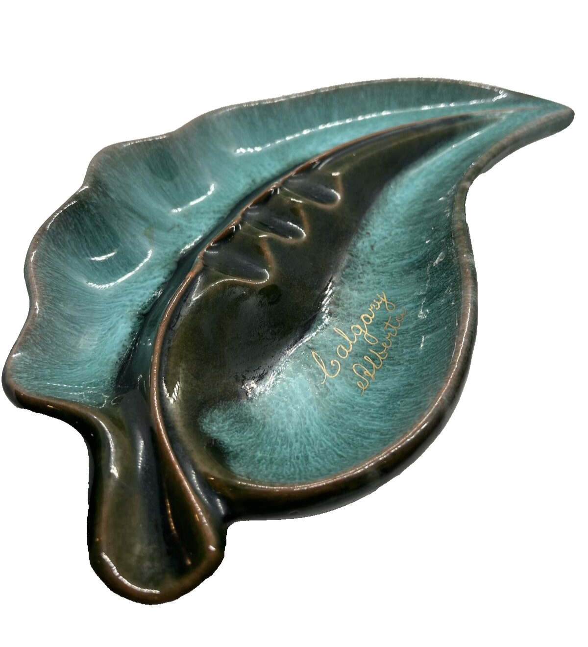McMaster 37 Canada Leaf Shaped Art Pottery Novelty Ashtray Vintage Blue Green