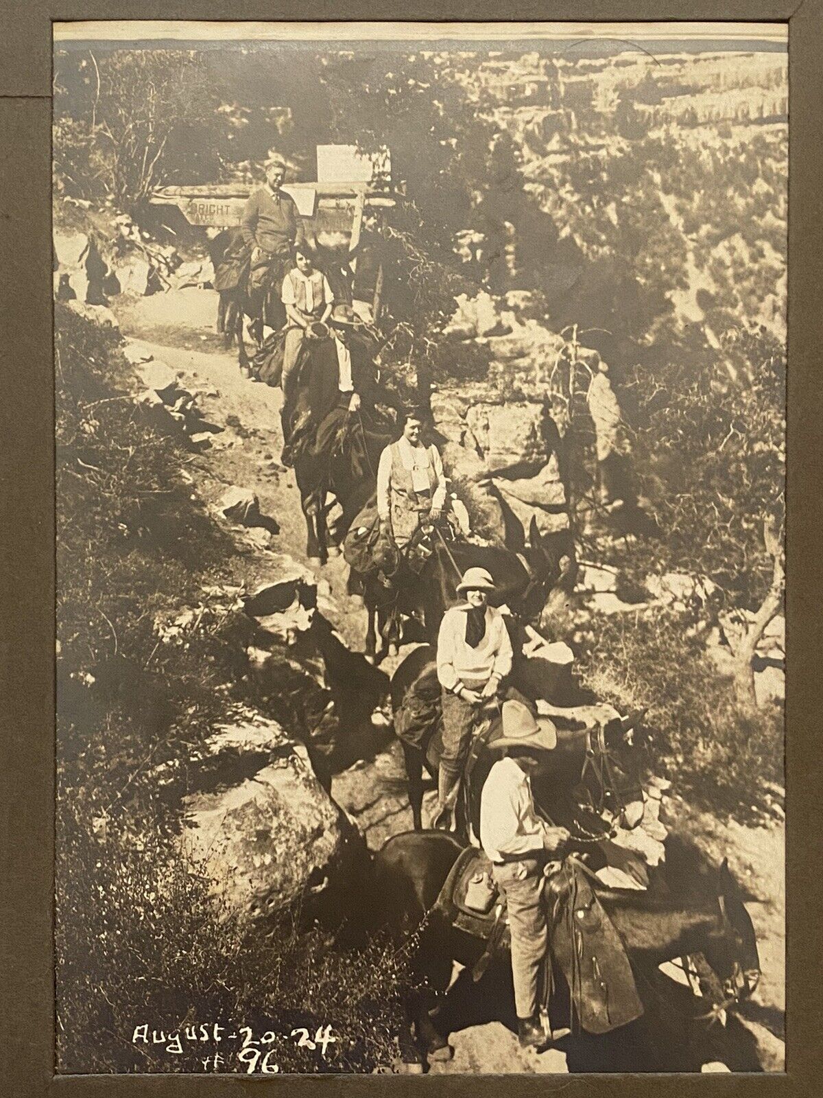 1924 Kolb Brothers Photo Bright Angel Trail Grand Canyon Sightseers Riding Mules
