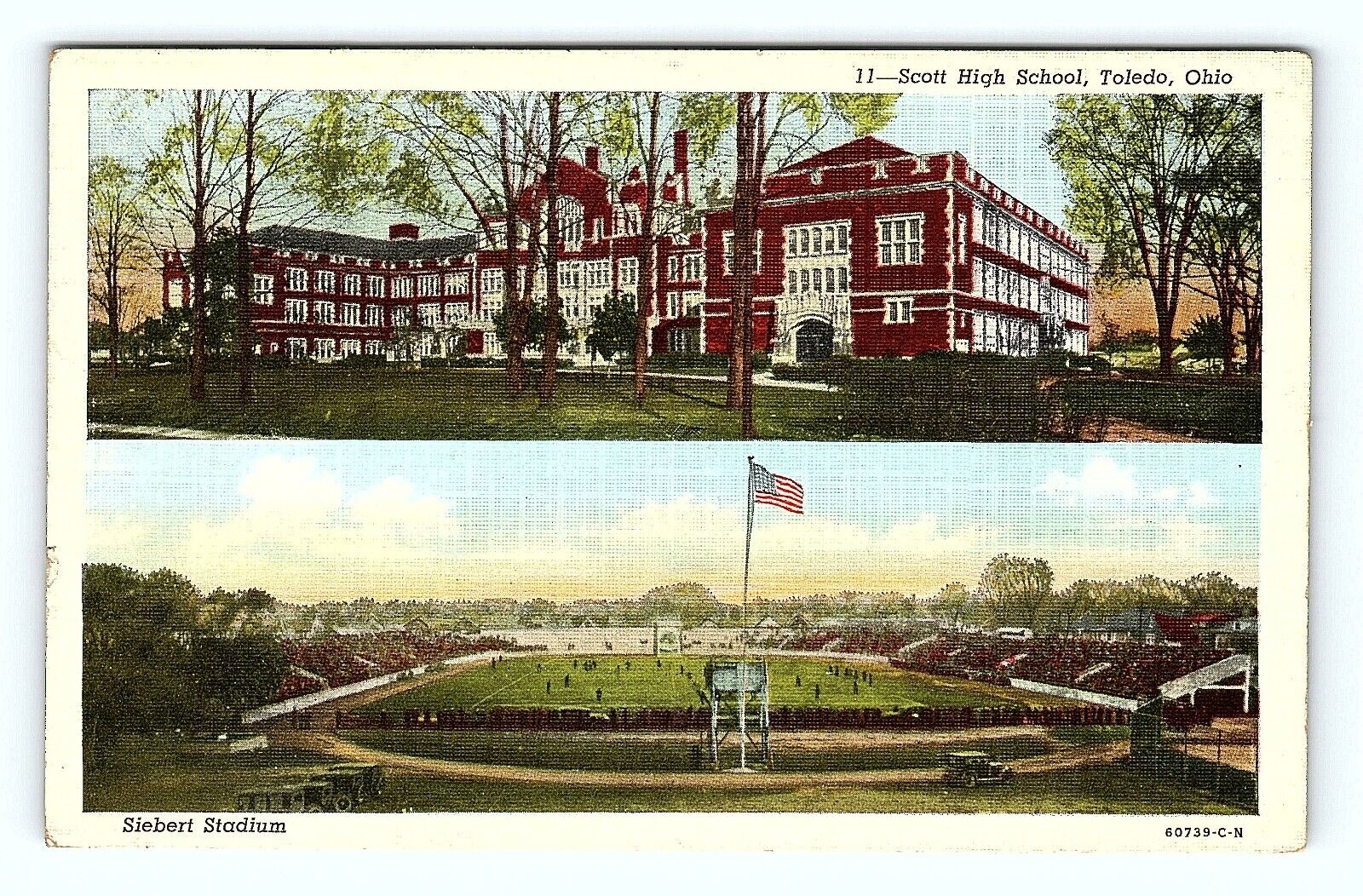 Toledo Ohio Scott High School Linen Postcard Siebert Stadium Posted 1953    pc59