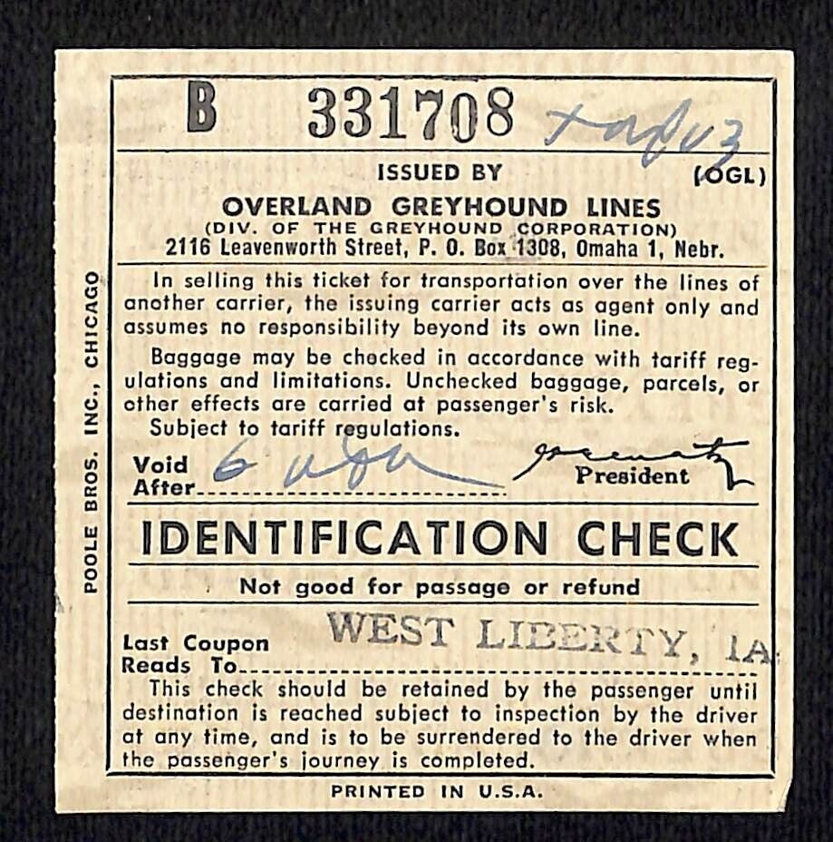 Overland Greyhound Lines Identification Check Ticket 1956 to West Liberty, LA