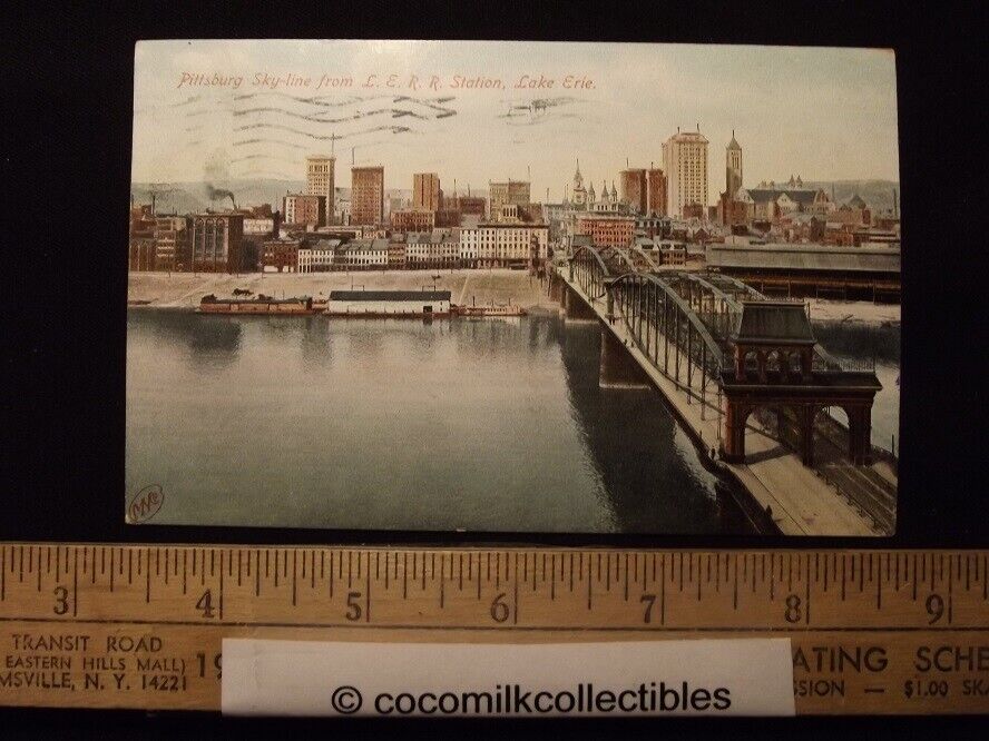 Postcard 1906 Pittsburgh Skyline From L.E.R.R Station Lake Erie Bridge Buildings