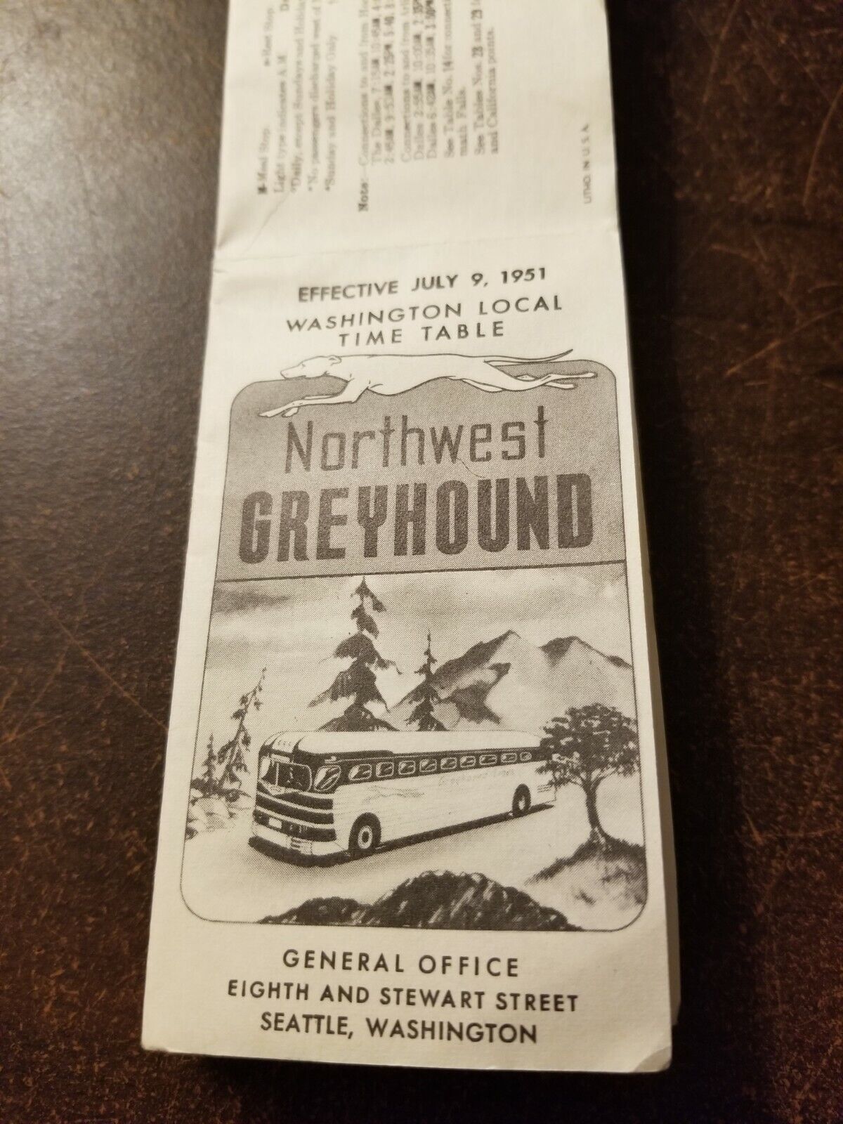 1951 Northwest Greyhound bus time table Seattle Washington effective July 9 1951