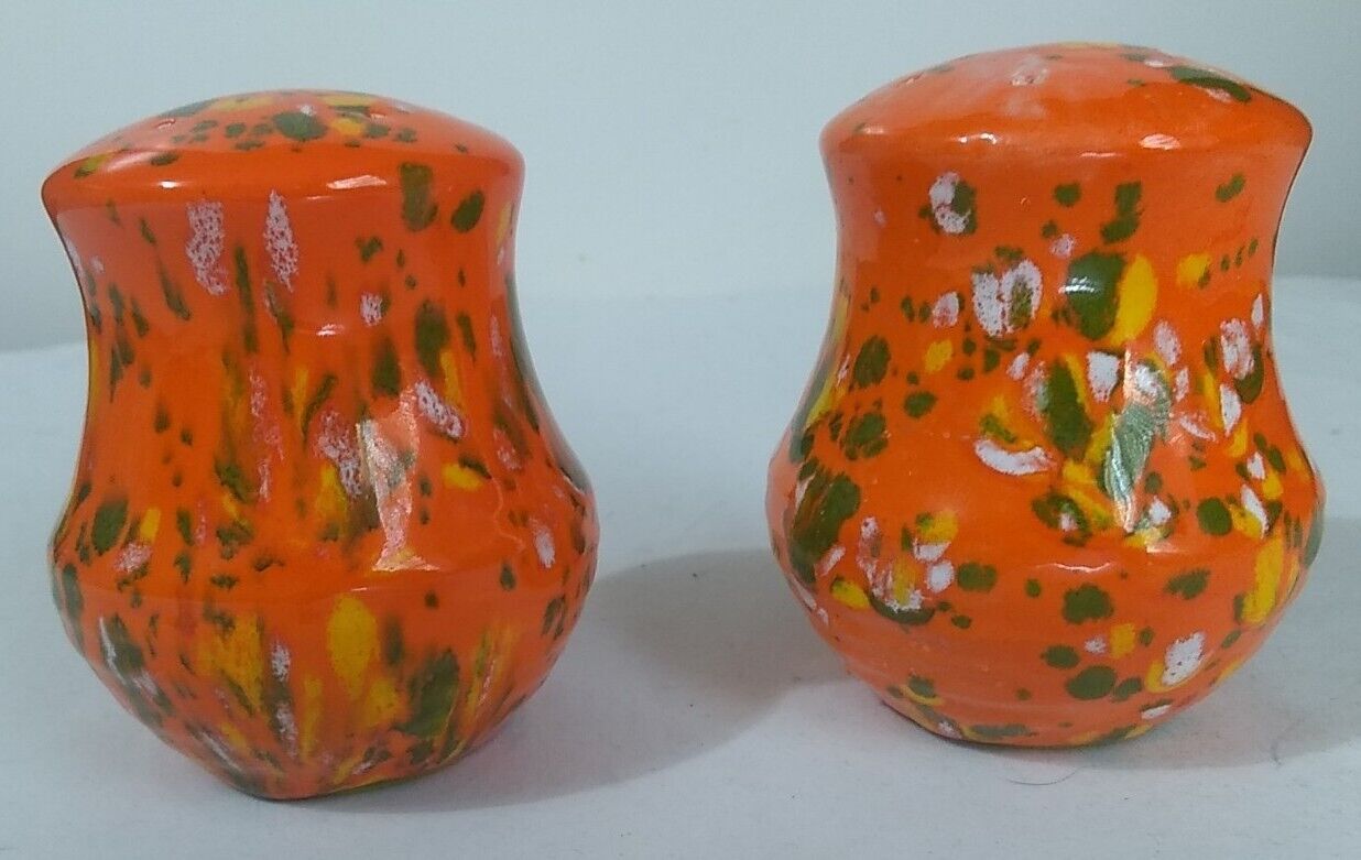 Vintage Salt Pepper Shakers Ceramic Orange Green Yellow Splatter Speckle Retro 