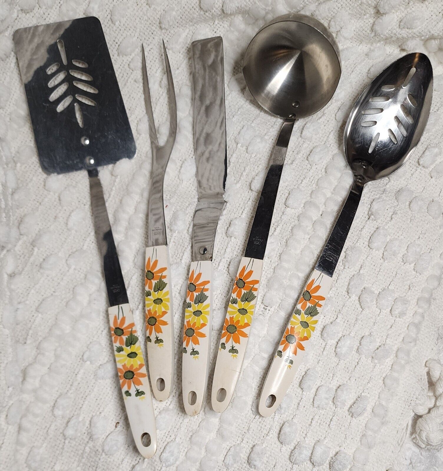 Vintage EKCO 5pc Country Garden KITCHEN UTENSILS Spatula Ladle Spoon Fork Knife 