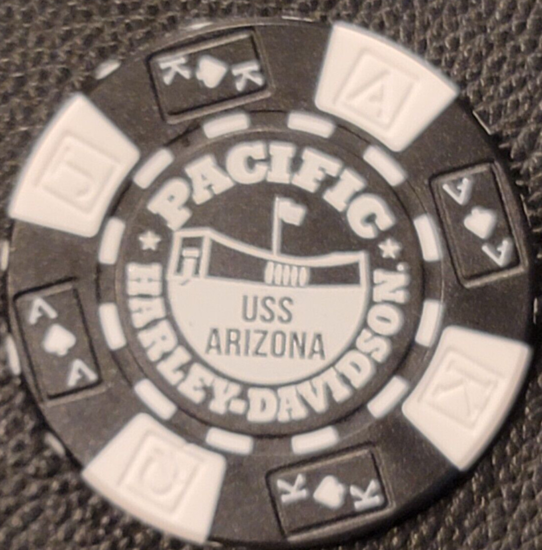 PACIFIC HD~HAWAII~USS ARIZONA ~ Black AKQJ wht stamp ~ Harley Davidso Poker Chip