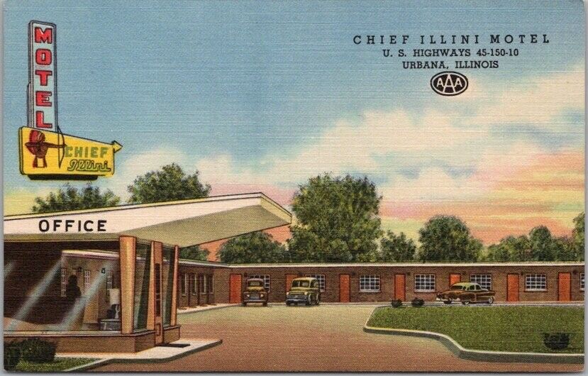 URBANA, Illinois Postcard CHIEF ILLINI MOTEL Highway 45 Roadside / Linen c1953