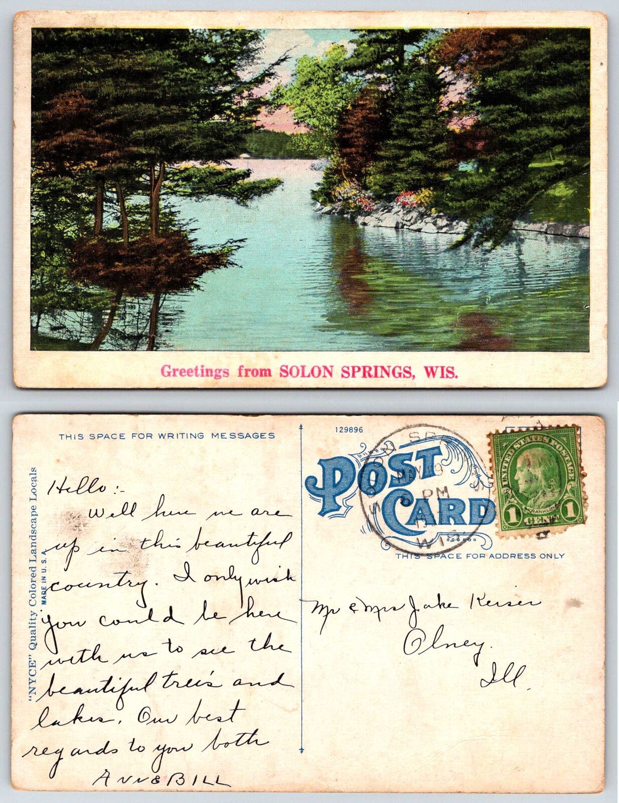 Solon Springs GREETINGS Wisconsin Postcard e714