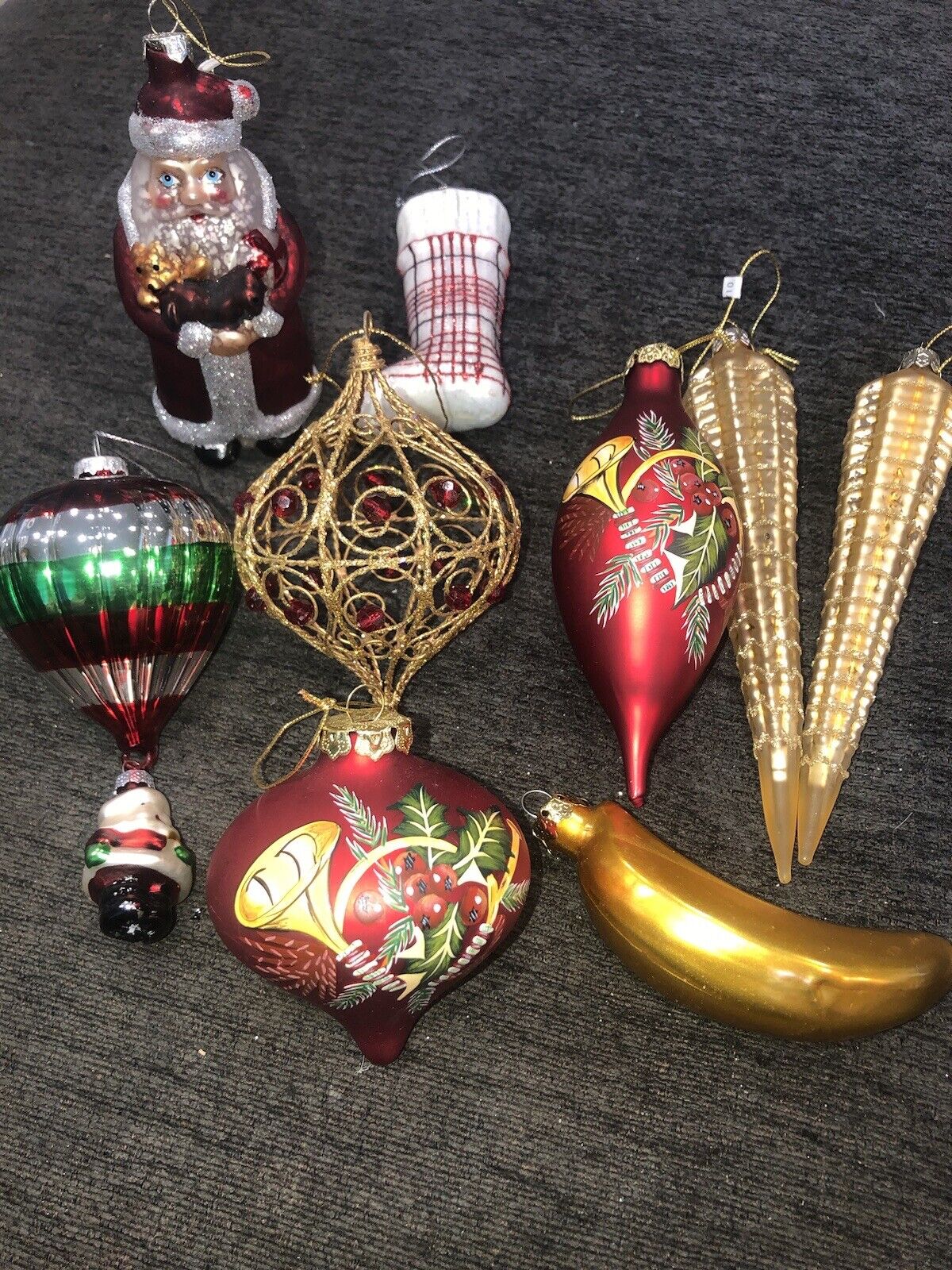 Unique Glass Christmas Ornaments Red Gold Glitter Lot Of 9 Vintage? Santa Banana