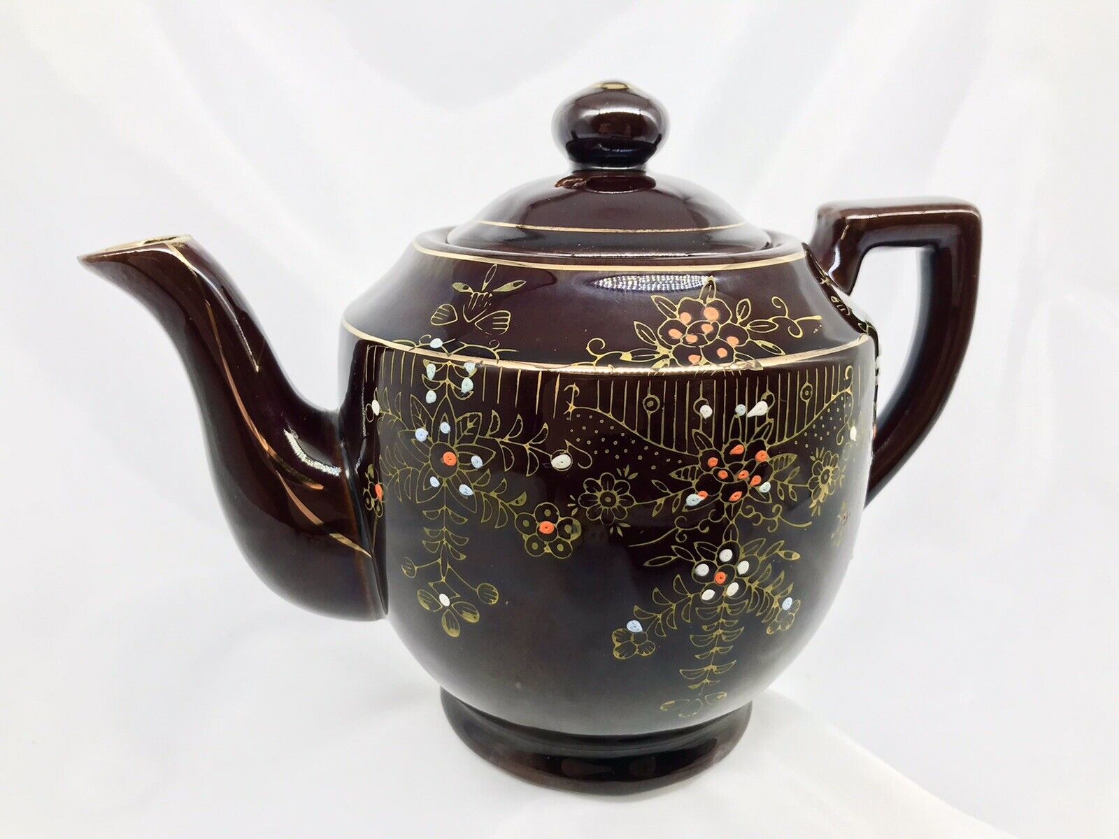 Vintage Redware Teapot Made In Japan Brown w/ Floral & Gold Accent Hand Painted