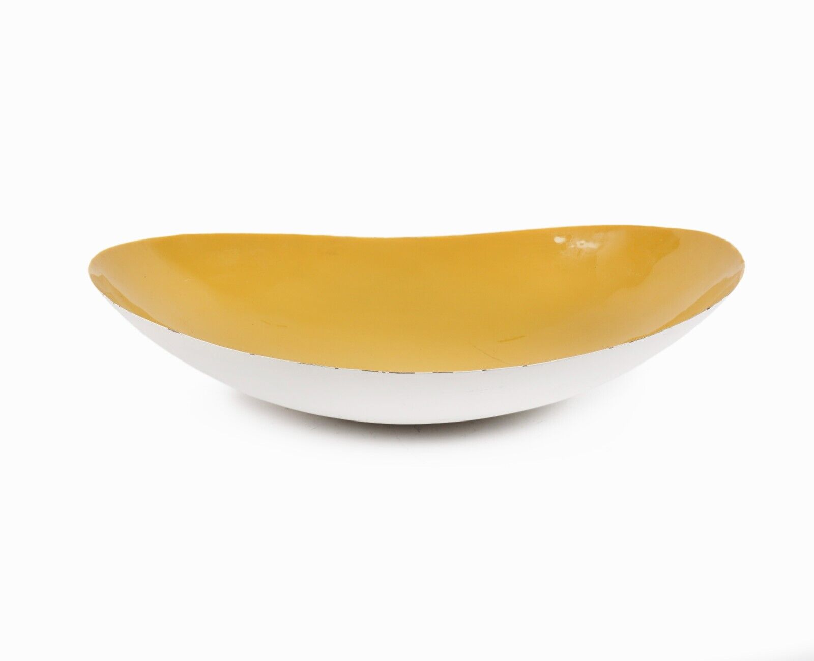 Krenit Style Enameled Bowl White Yellow Mid Century Modern Vintage Large Decor