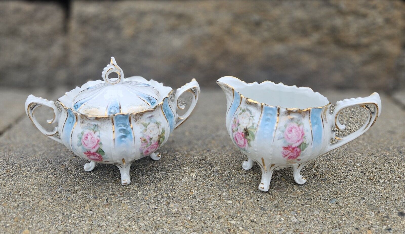 Antique RS Prussia Sugar Bowl & Creamer Set Pink Roses ~