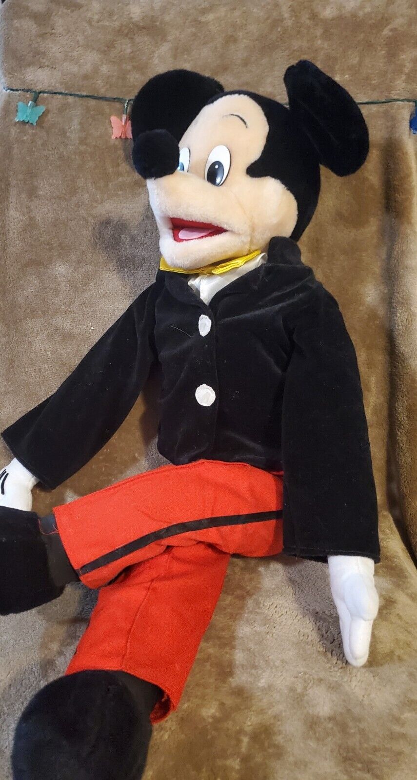 Vintage Micky Mouse Plush Puppet. Dressed In Tux Red Pants Black Jacket & Bow